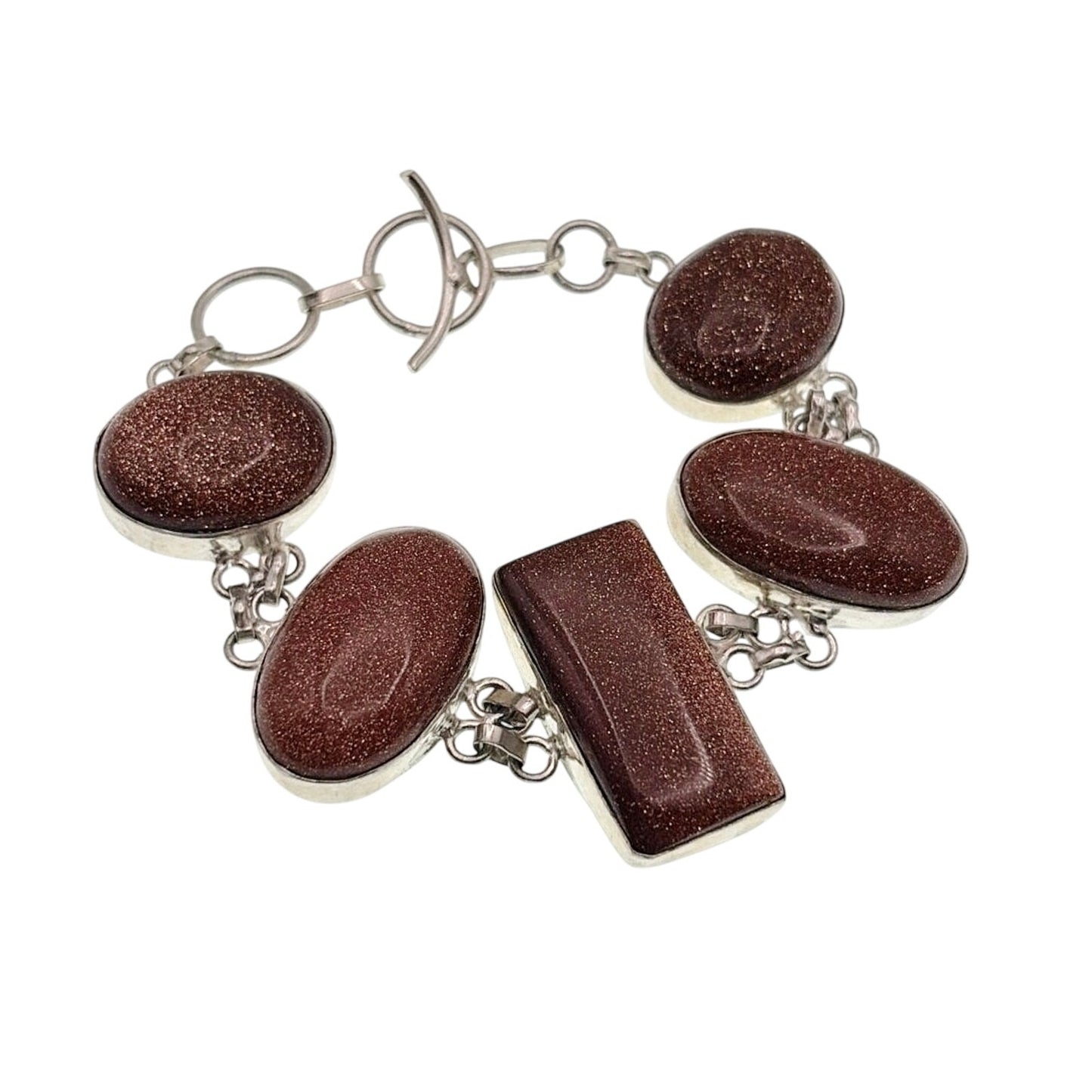 Sterling Silver And Aventurine Sunstone Cabochons Size 7.5” Bracelet