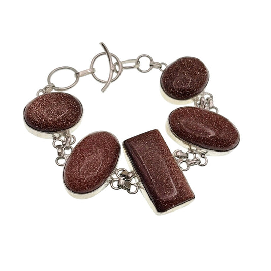 Sterling Silver And Aventurine Sunstone Cabochons Size 7.5” Bracelet