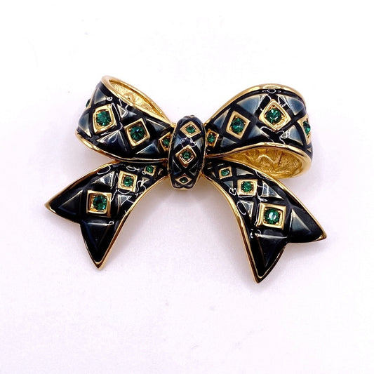 Joan Rivers Vintage Black Bow Brooch with Green Rhinestones