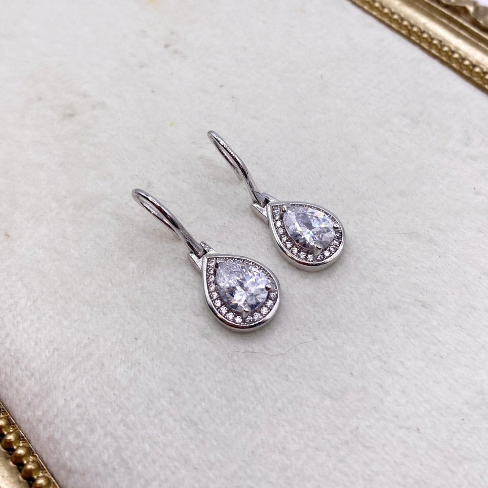 Sterling Silver Earrings with Dangling White Cubic Zirconia Tear Drop 1cm