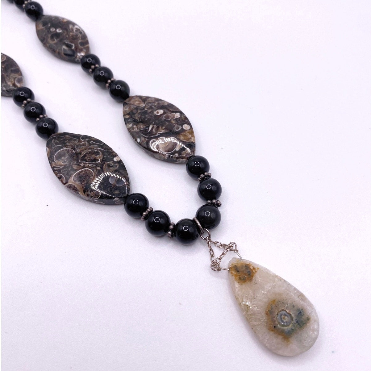 Turritella Fossil and Lace Onyx Beaded Necklace with Solar Quartz Pendant