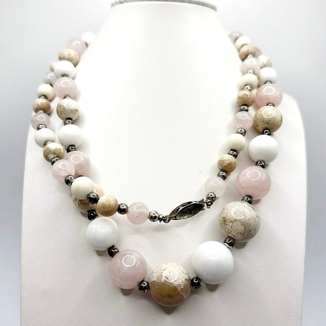 Vintage Agate and Rose Quartz Gemstones Long Necklace 30”