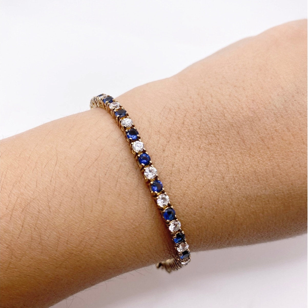 Vintage Sterling Silver Gold Vermeil 925 Bracelet Blue and White CZ 3mm Size 7”