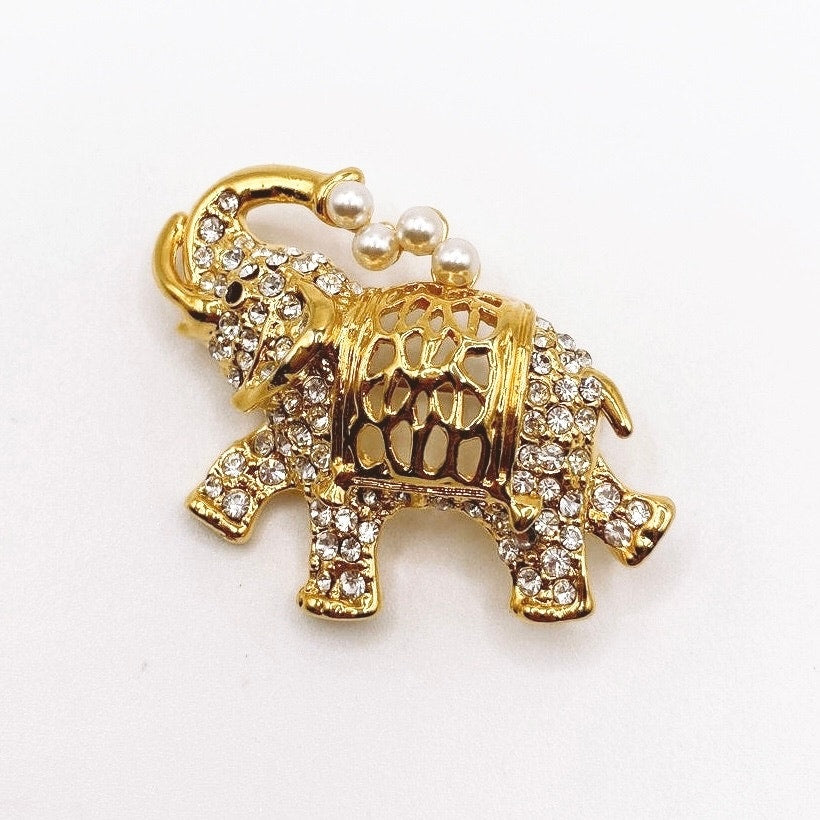 Gold Tone Elephant Brooch with Faux Pearls and Rhinestones