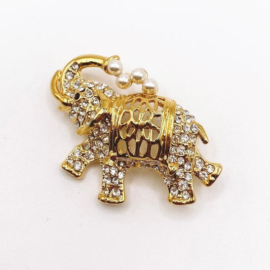 Gold Tone Elephant Brooch with Faux Pearls and Rhinestones