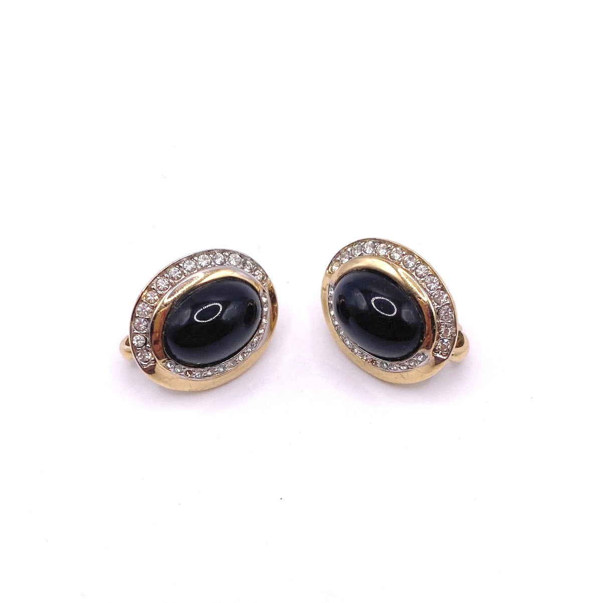 Nina Ricci Signed Gold Tone and Black Retro Suds Earrings with Rhinestones
