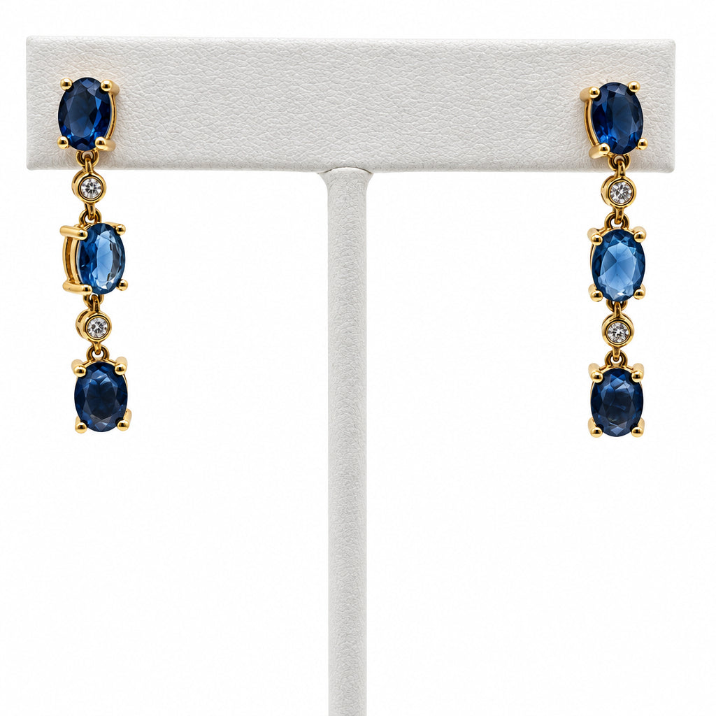 Gold Vermeil Set Necklace 20” Total and Drop Earrings With Blue CZ