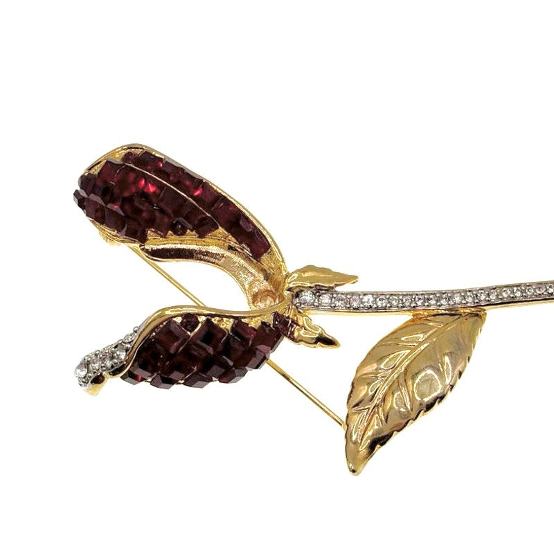 Vintage Flower Square Red Rhinestones Gold Tone 3.5”