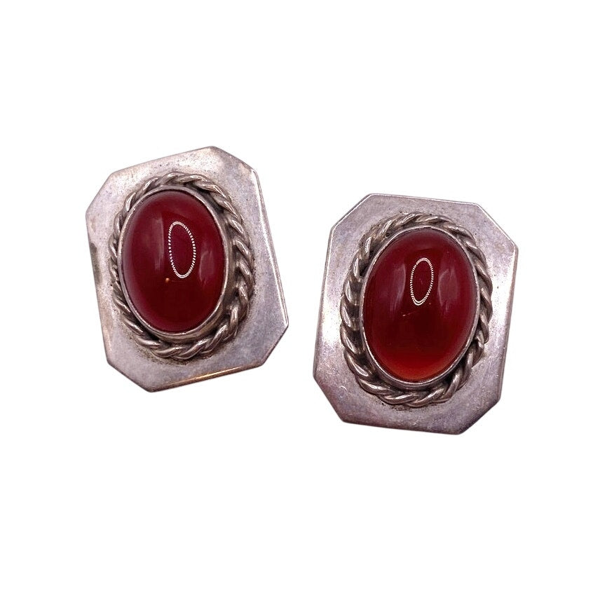 Vintage Sterling Silver Taxco México and Carnelian 1” Clip On Earrings