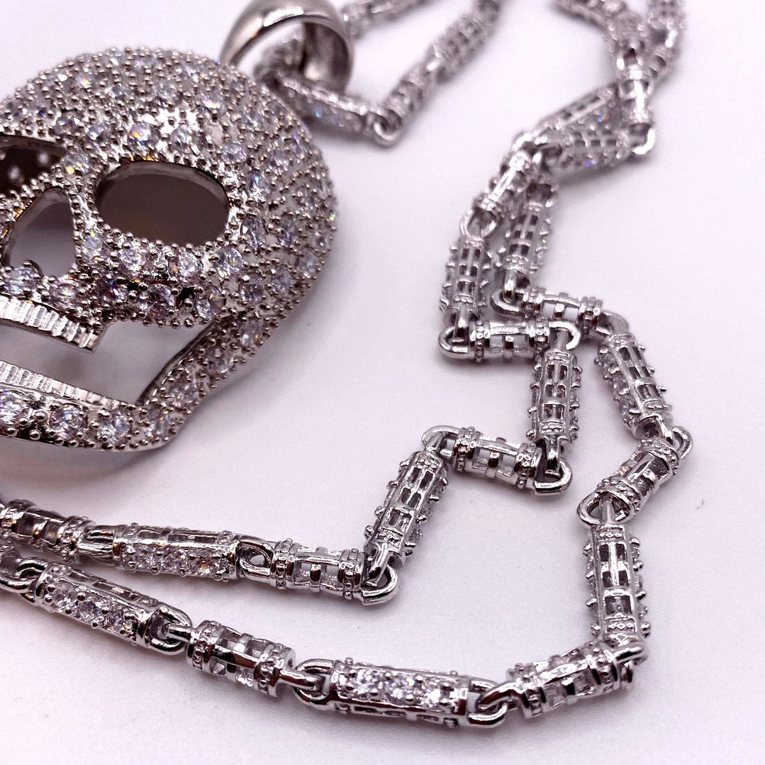 Sterling Silver Full Cubic Zirconia Skull Face Pendant and Necklace 28" long
