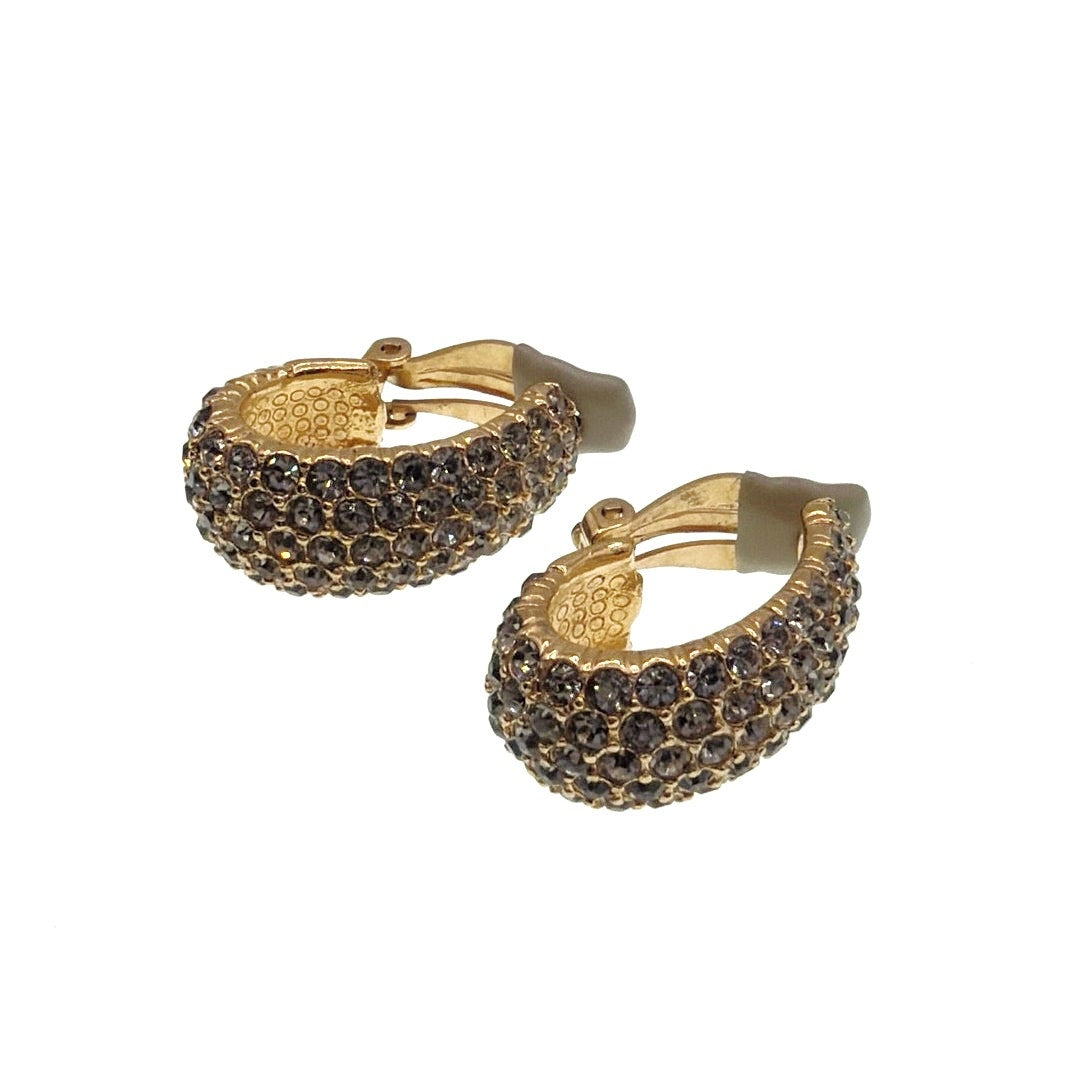 Ciner Signed Full Pave Rhinestones Half Hoops Clip On Earrings