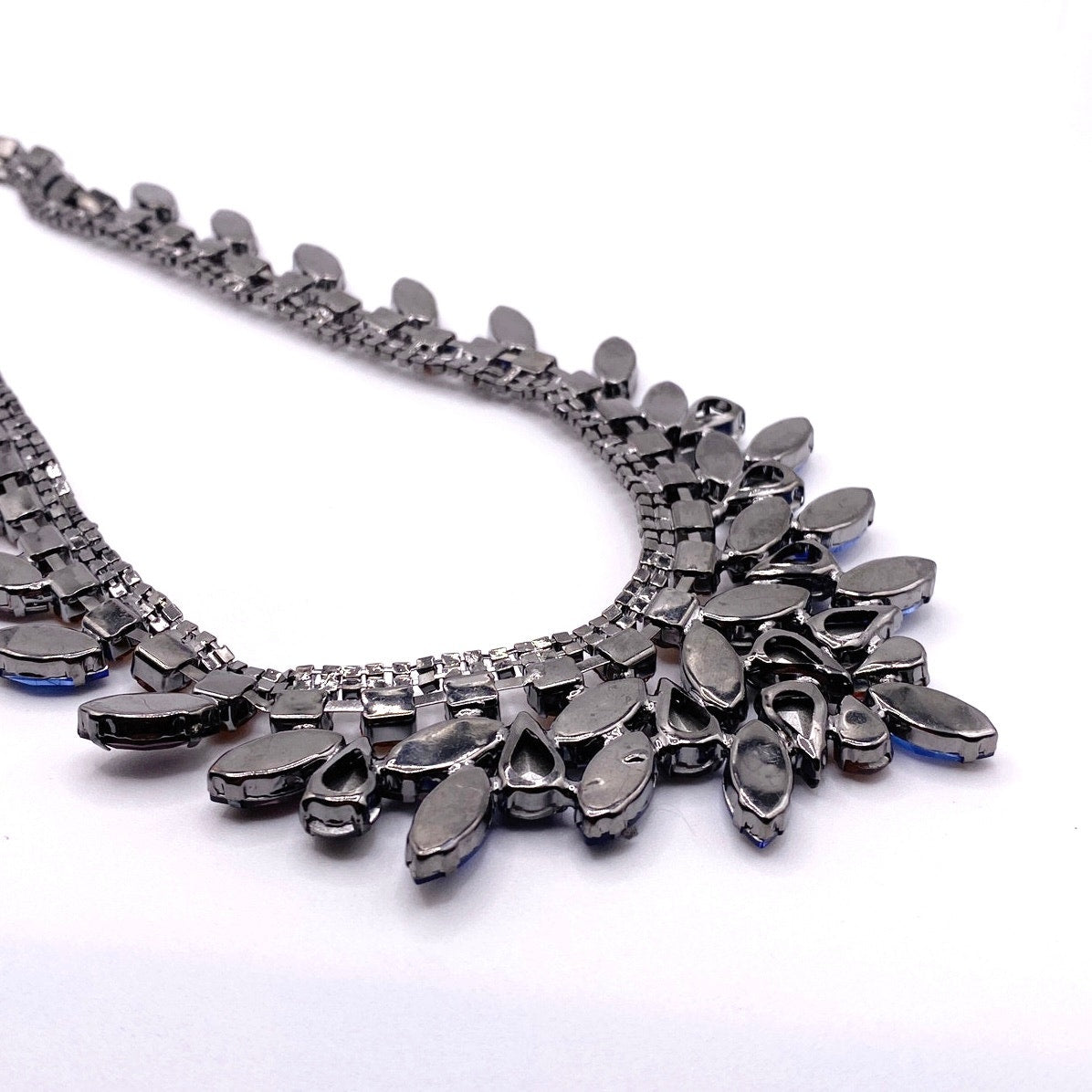 Full Rhinestones Statement Necklace Gunmetal Tone and Blue Orange Purple 18”