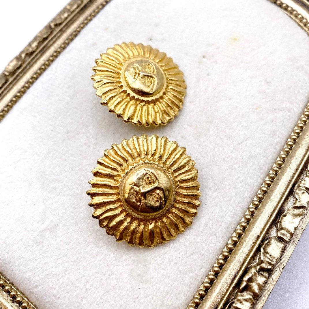 Vintage Clip On Earrings Sun Face 80s Style Gold Brushed Tone