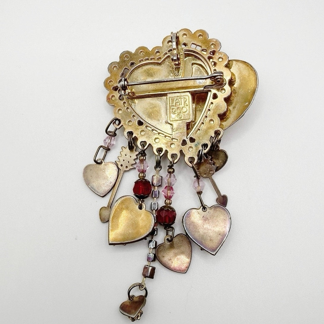 Lunch At The Ritz Pink Valentine Heart Vintage Brooch with Dangling Charms