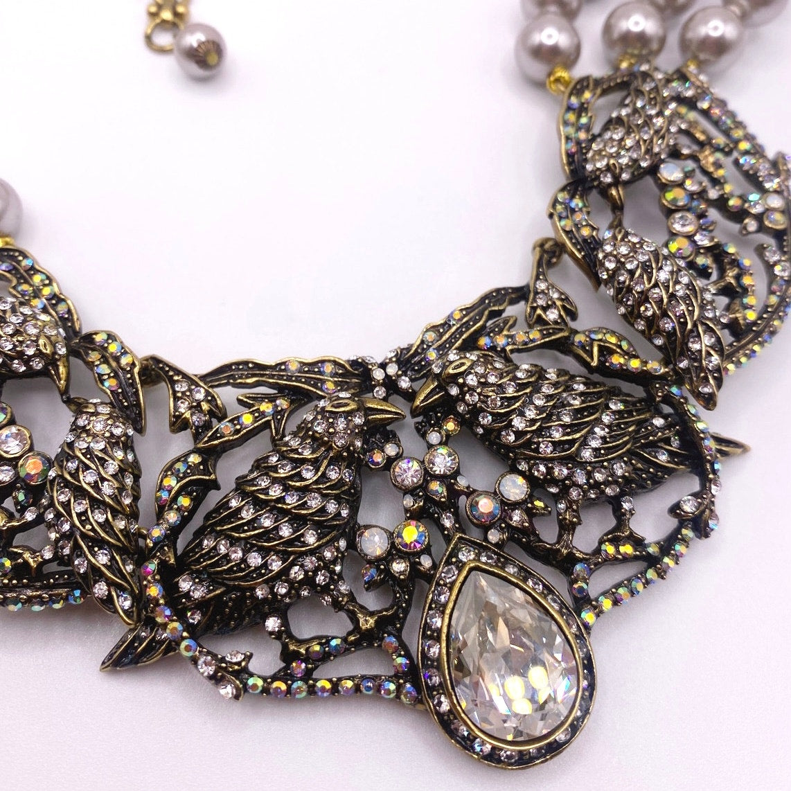 Hedi Daus Vintage Statement Necklace with Faux Pearls and AB Rhinestones Birds Motifs