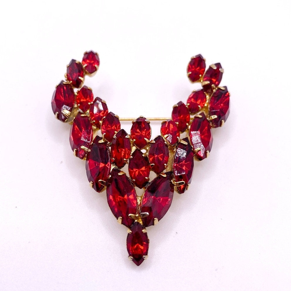 Red Rhinestones Vintage  Brooch V Shape 2.5”
