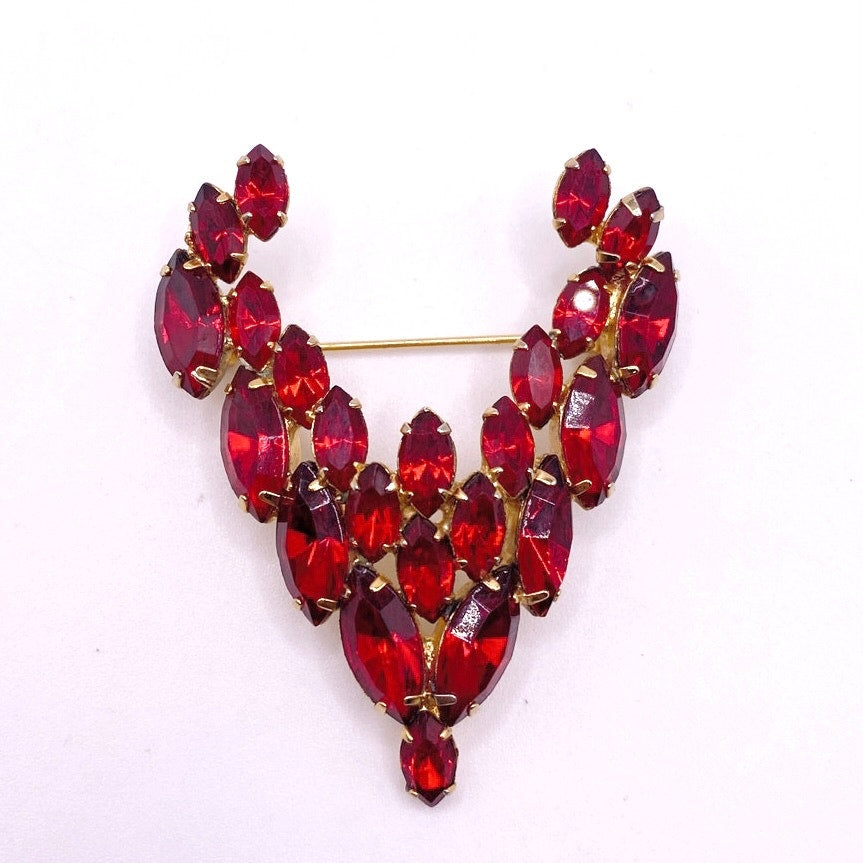 Red Rhinestones Vintage  Brooch V Shape 2.5”
