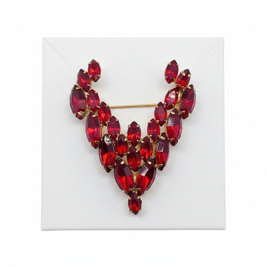Red Rhinestones Vintage  Brooch V Shape 2.5”