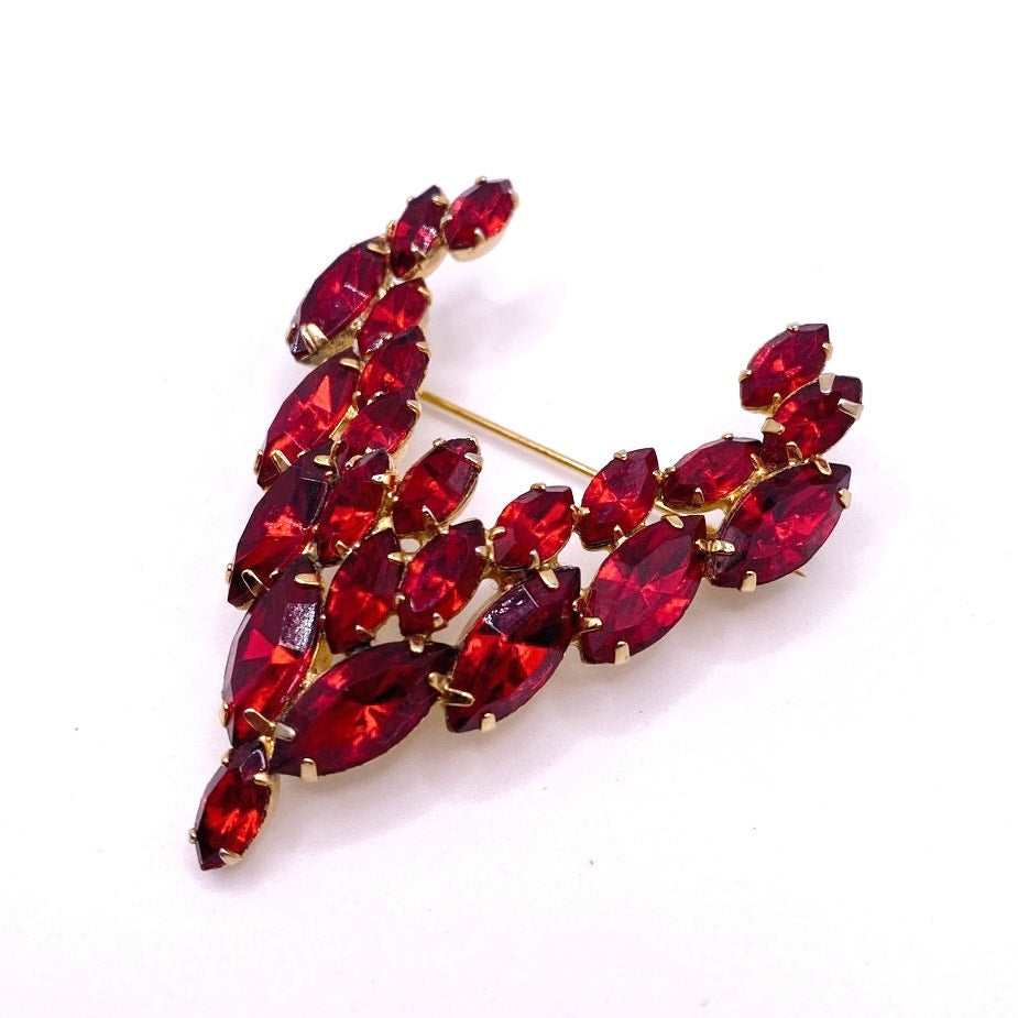 Red Rhinestones Vintage  Brooch V Shape 2.5”