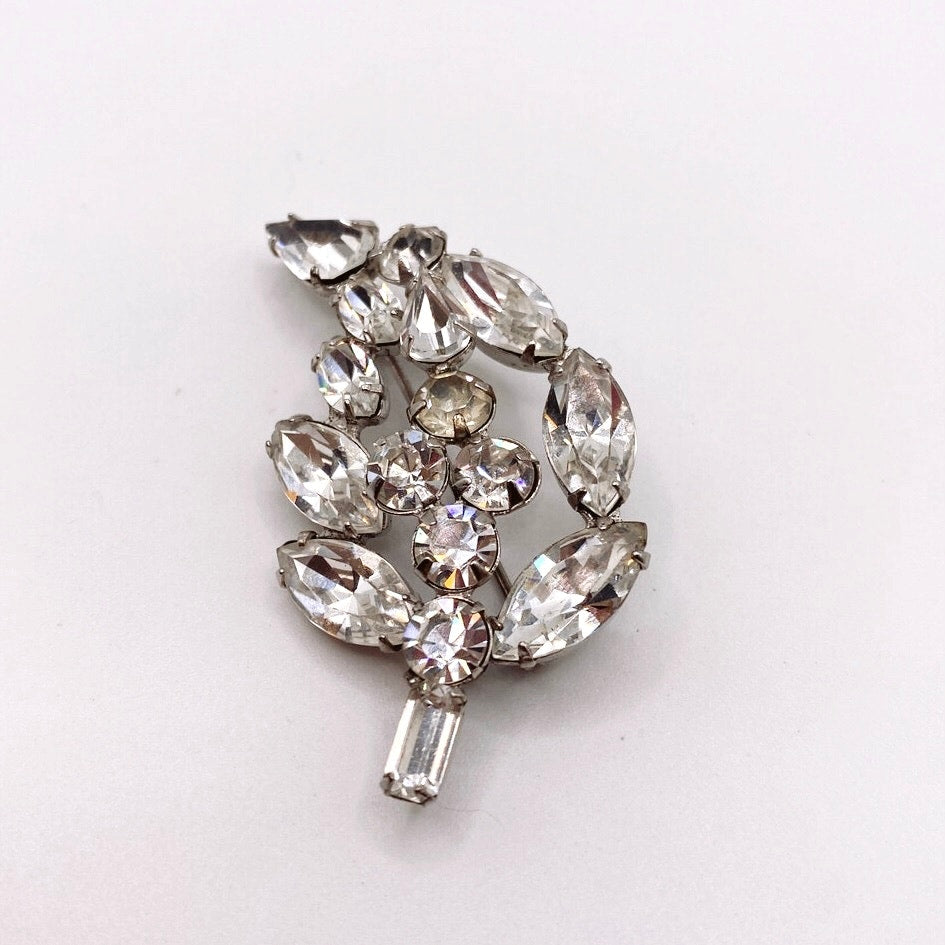 Vintage White Rhinestones Brooch Leaf Motifs
