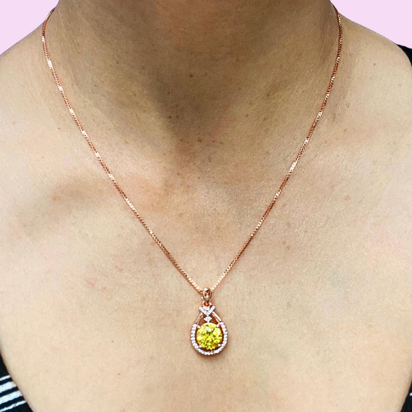 St Silver 18k Rose GP Necklace Yellow Zirconia
