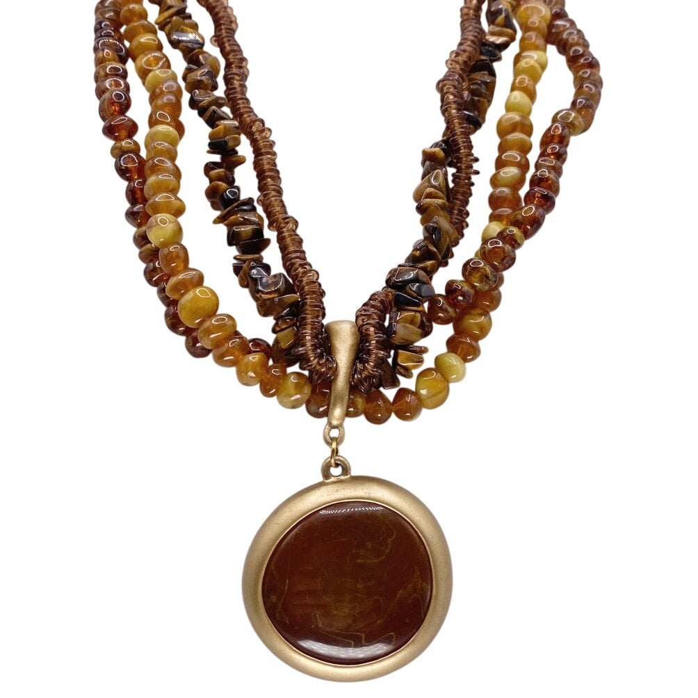 Vintage Amber Tone Lucite MultiStrand Necklace with Cabochon Pendant