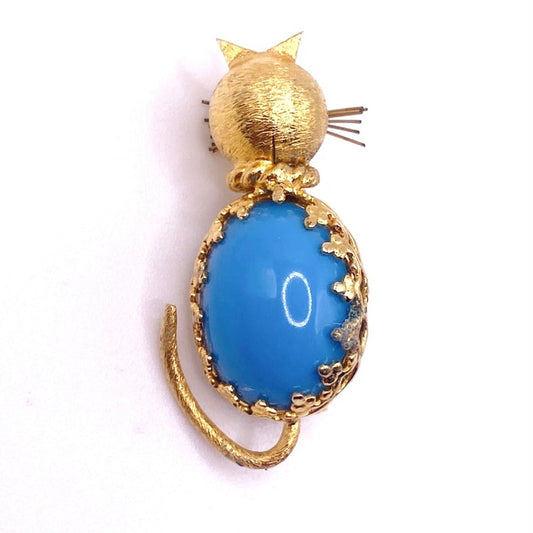 Cat Small Pin Jelly Belly Style Faux Blue Turquoise Tone Cabochon