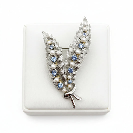 Vintage Coro Blue Rhinestones and Faux Seed Pearls Leaves Brooch