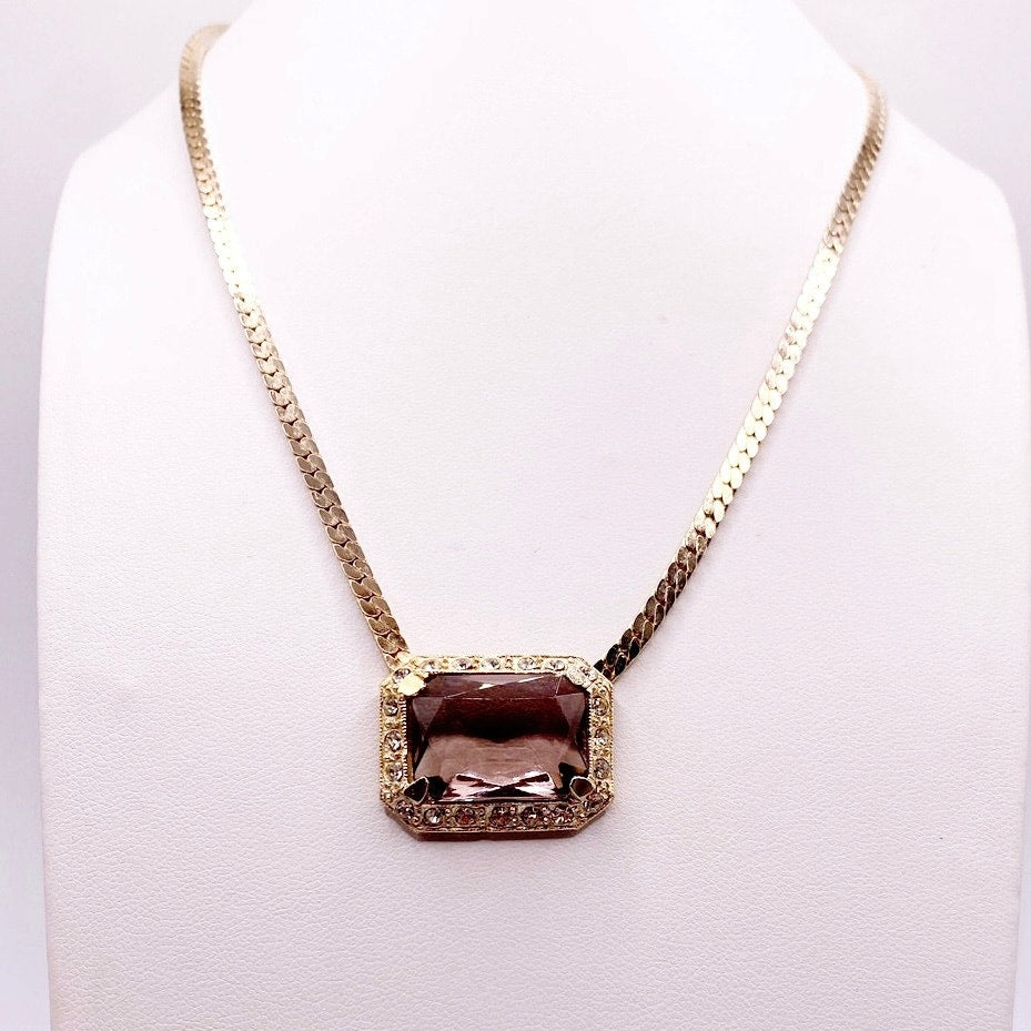Vintage Beautiful Smoky Glass Crystal Pendant with Gold Tone Chain