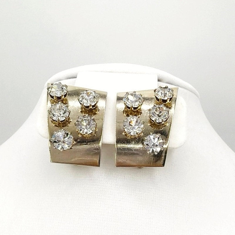 Gold Tone Geometric Vintage Clip On Earrings With Rhinestones 1.3”