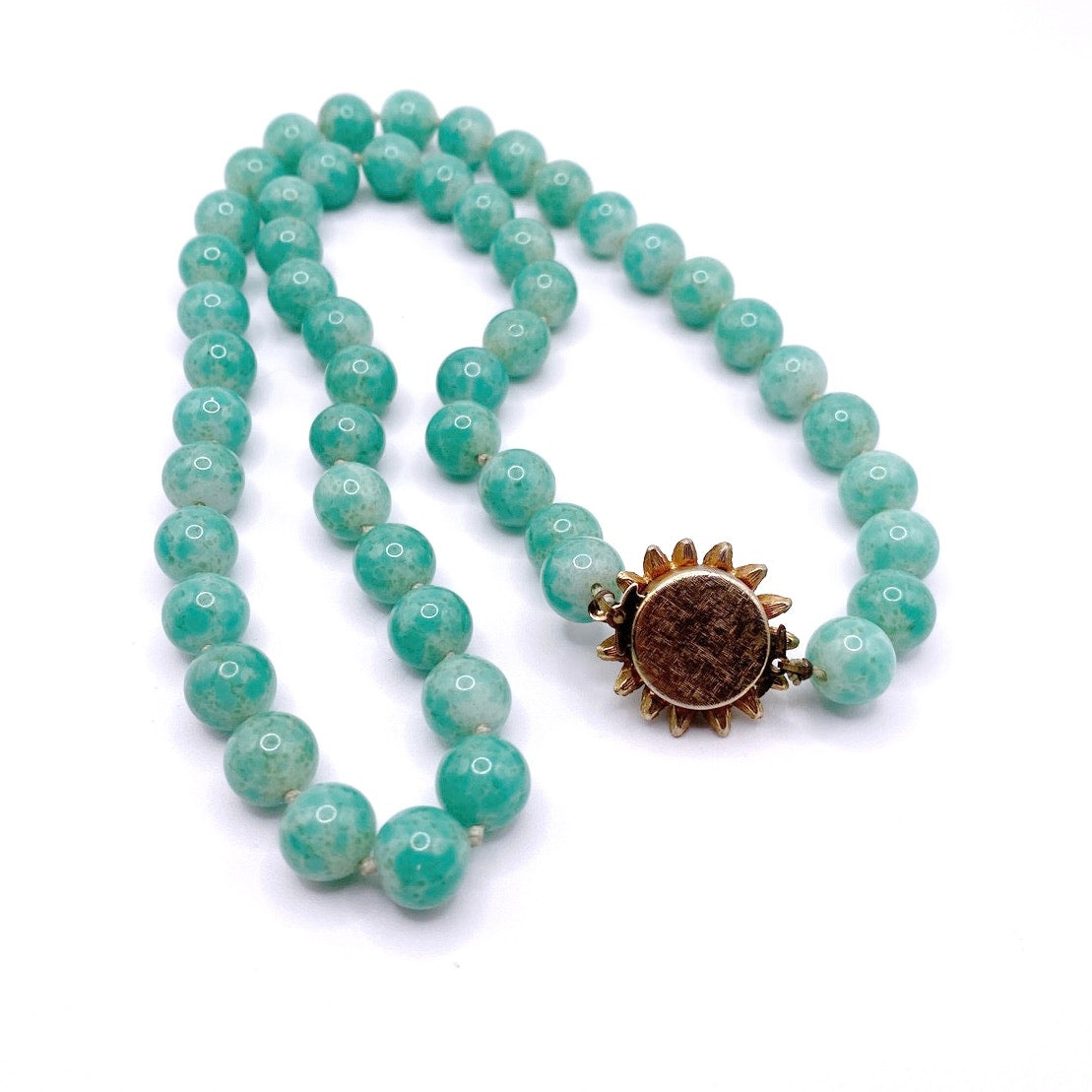 Vintage Green Pekin Glass Beads Chinese Necklace 22” with Flower Clasp