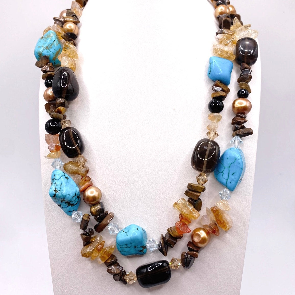 Gemstones Vintage Necklace Turquoise Smoky Quartz and Citrine Double Strand 17”
