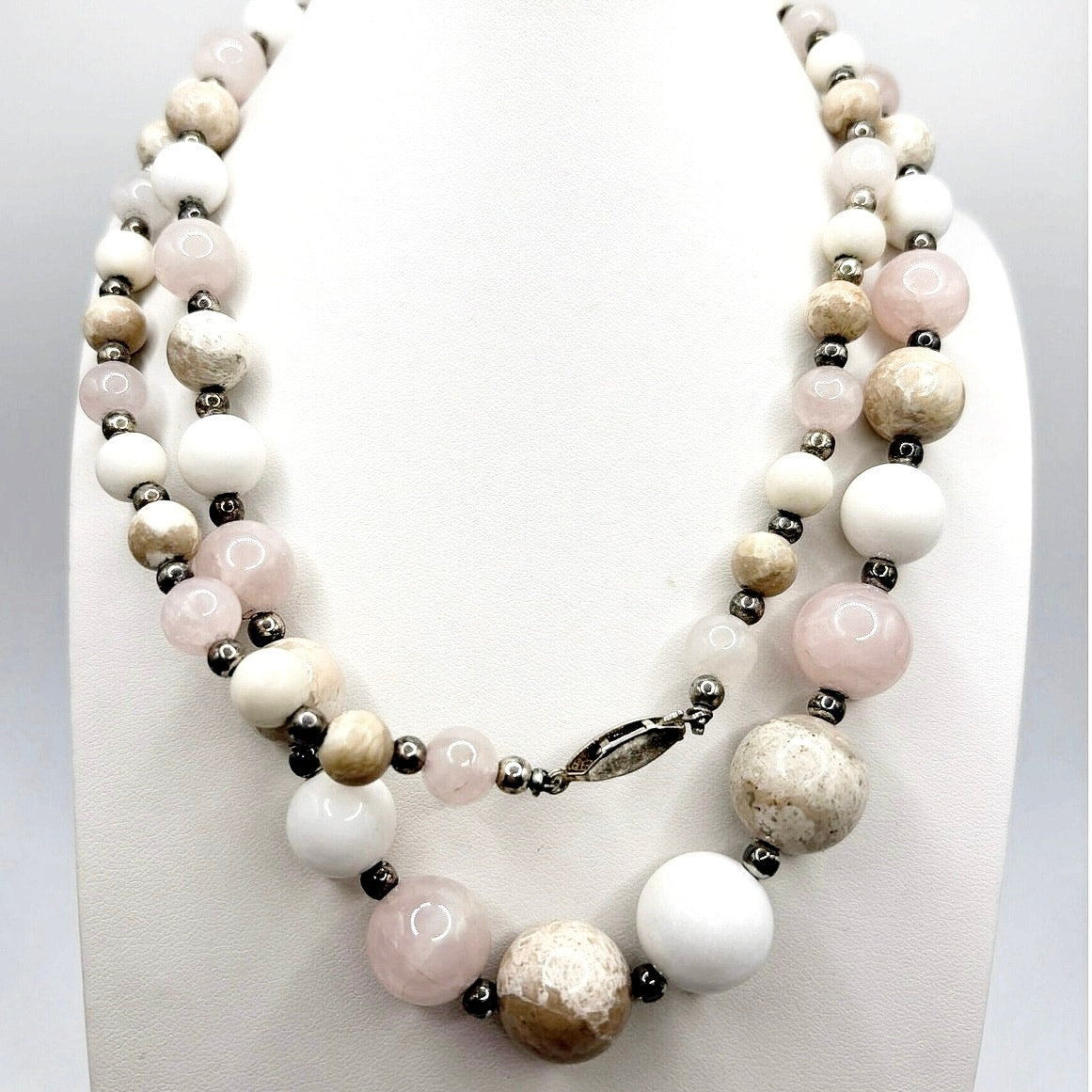 Vintage Agate and Rose Quartz Gemstones Long Necklace 30”