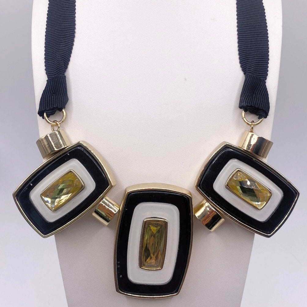Anne Klein Signed Vintage Ribbon Necklace Black and Gold Toned