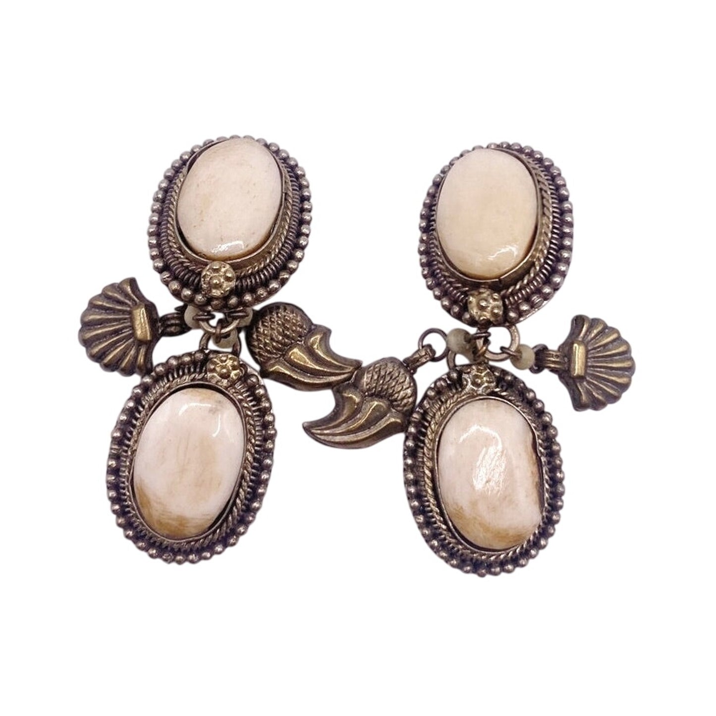 Vintage Dangling Brass Filigree Clip on Earrings and Bone Carved Cabochons 2"