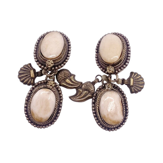 Vintage Dangling Brass Filigree Clip on Earrings and Bone Carved Cabochons 2"