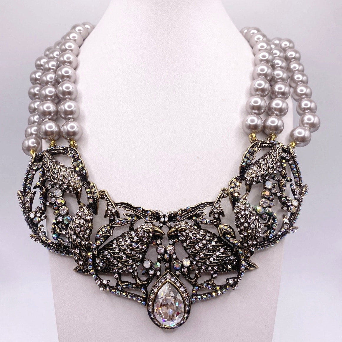 Hedi Daus Vintage Statement Necklace with Faux Pearls and AB Rhinestones Birds Motifs