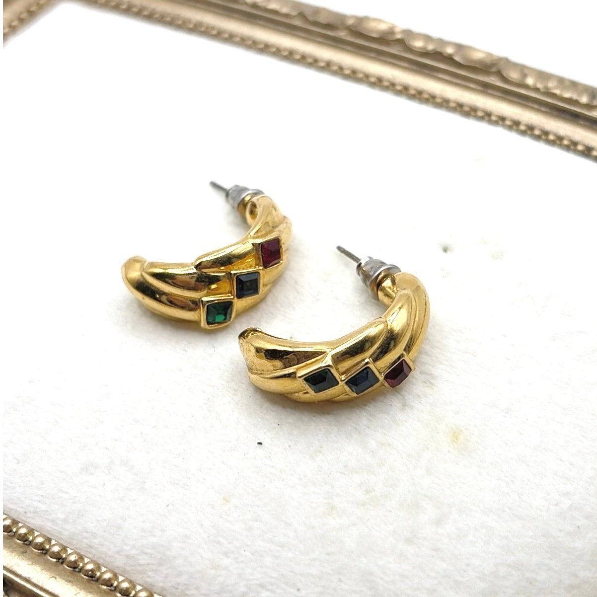 Gold Tone Retro Half Hoop Earrings and Colorful Rhinestones