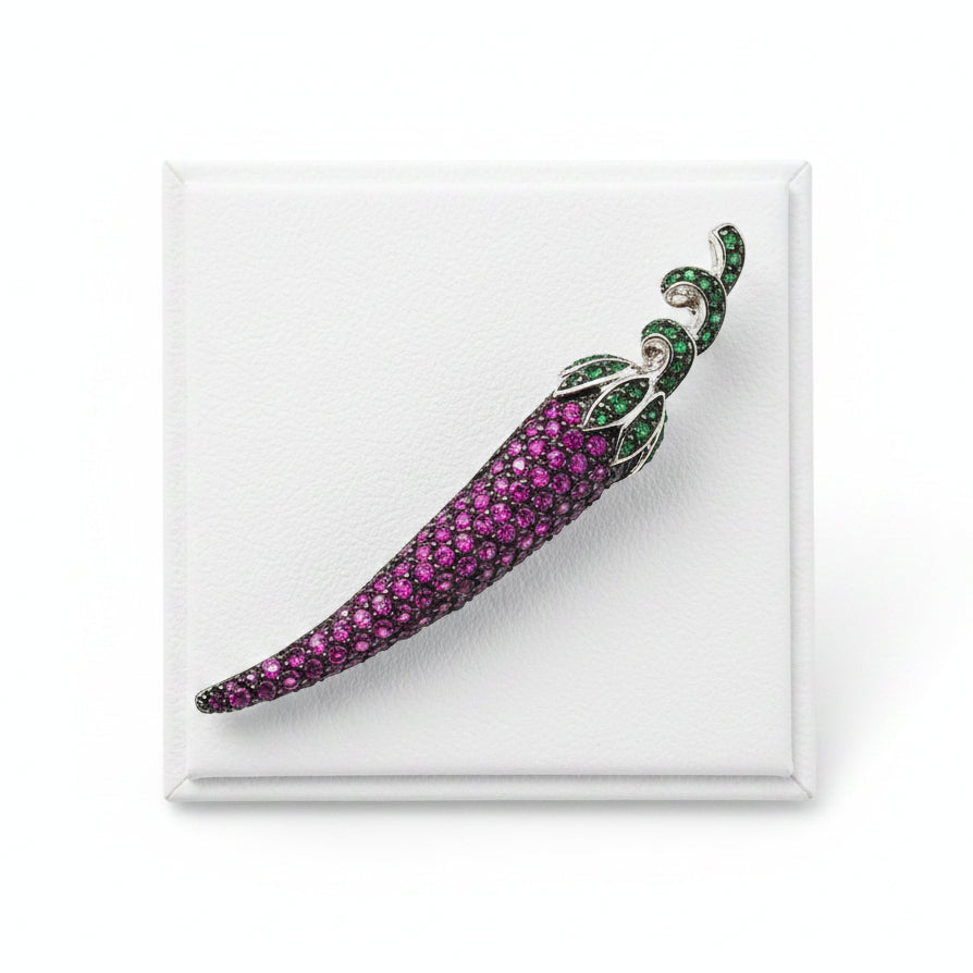 Sterling Silver And Rubies Chili Pepper Brooch