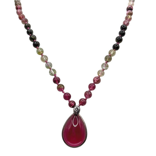 Sterling Silver with Rubellite Pendant 1" and Tourmaline 4mm Beads Necklace 20"