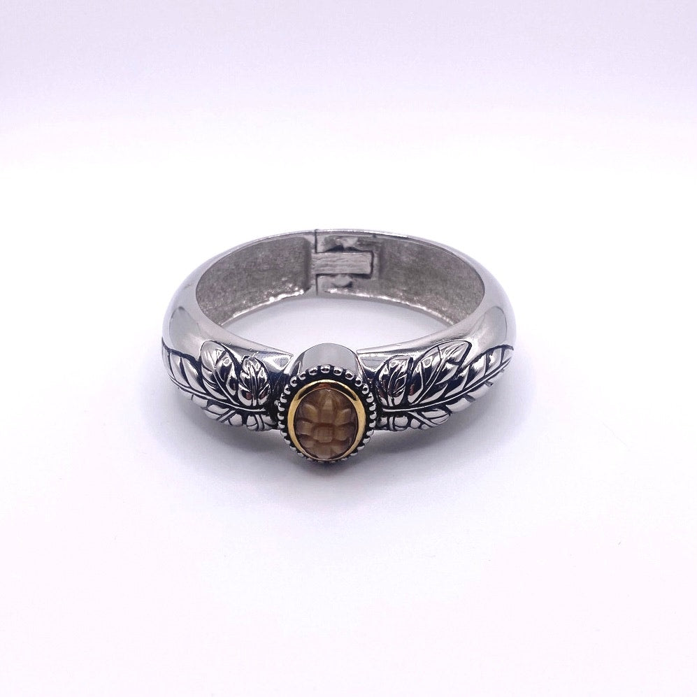 Silver Tone Cuff Glow Moon Carved Stone