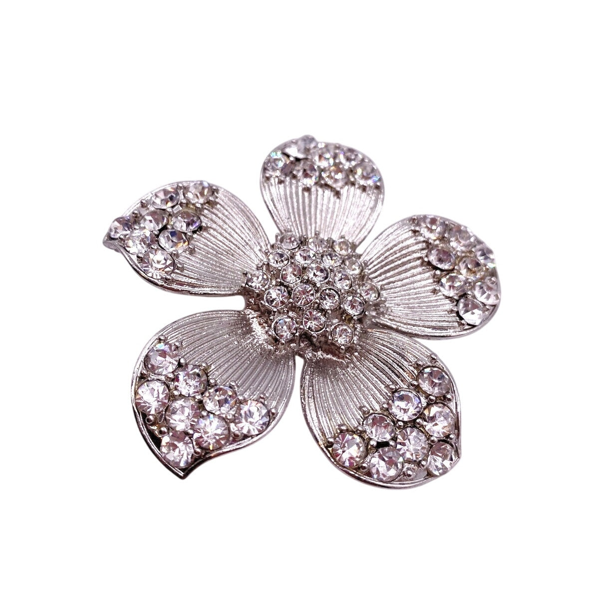 Vintage Silver Tone Brooch Flower With Rhinestones 2”