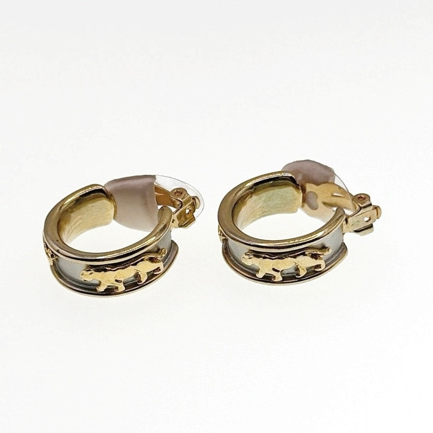 Two Tone Clip on Earrings Half Hoop With Lioness Decor