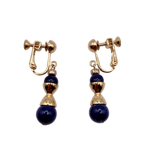 Vintage Gold Filled Dainty Screw Back Earrings With Lapis Lazuli Beads