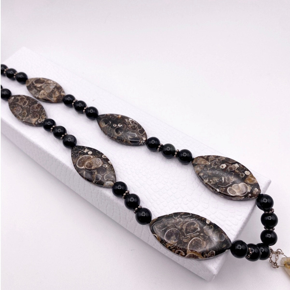 Turritella Fossil and Lace Onyx Beaded Necklace with Solar Quartz Pendant