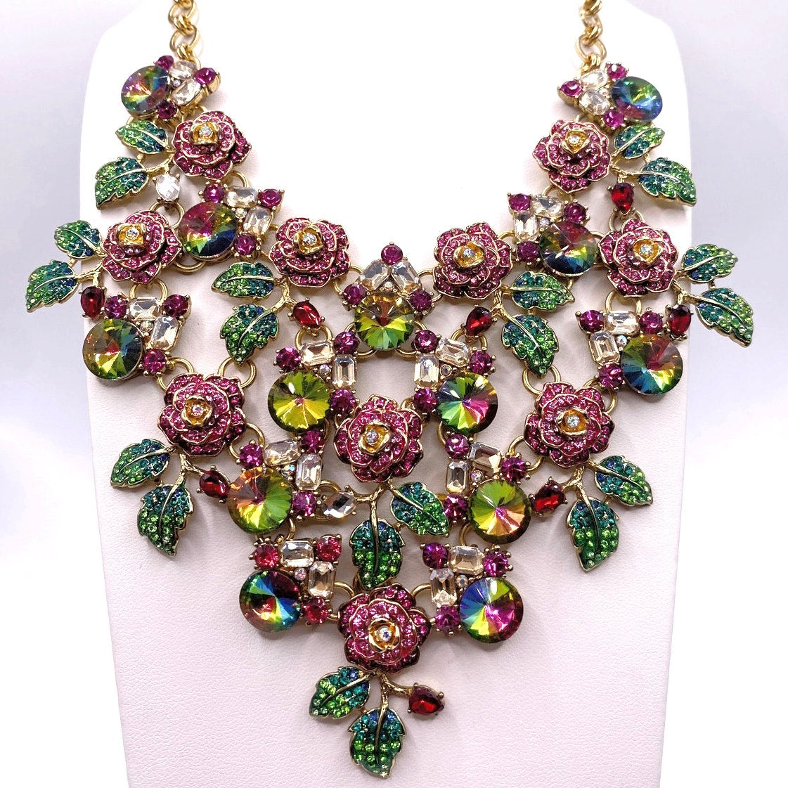 Betsey Johnson Signed Watermelon Tones Floral Statement Necklace