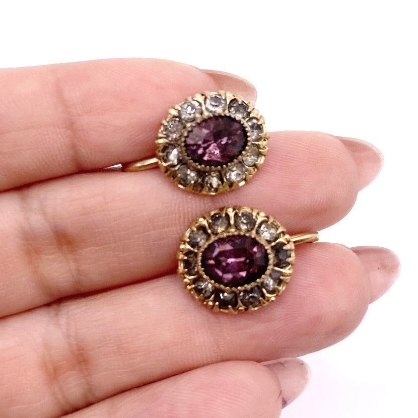 Vntg Gold Filled Screw Back Earrings Edwardian Revival With Purple Rhinestones