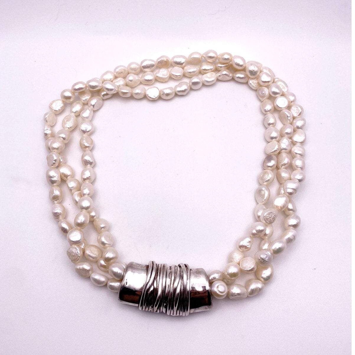 Sterling Silver and Three Strands Fresh Water Pearls Necklace 16” Made In Israel