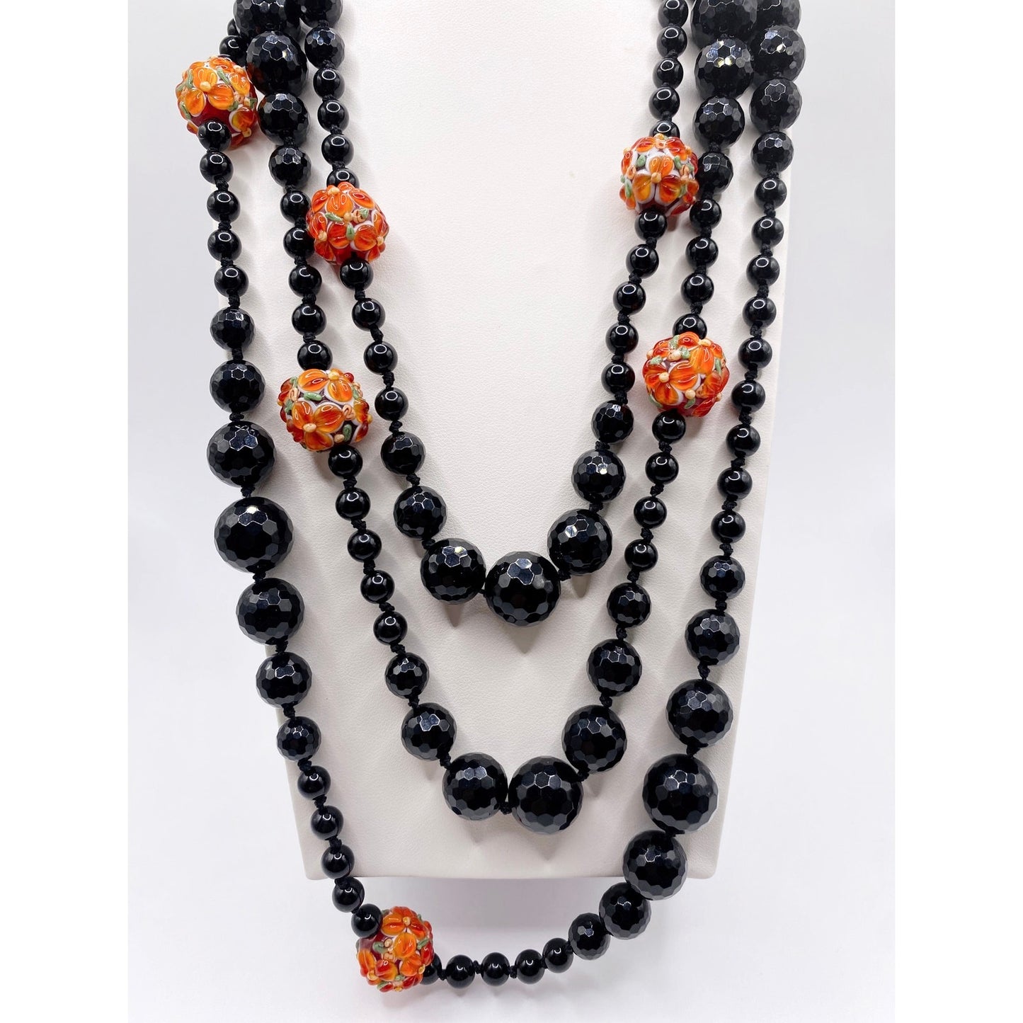 Black Opera Necklace Extra Long 66” Knotted Onyx and Murano Glass Millefiori Orange Beads
