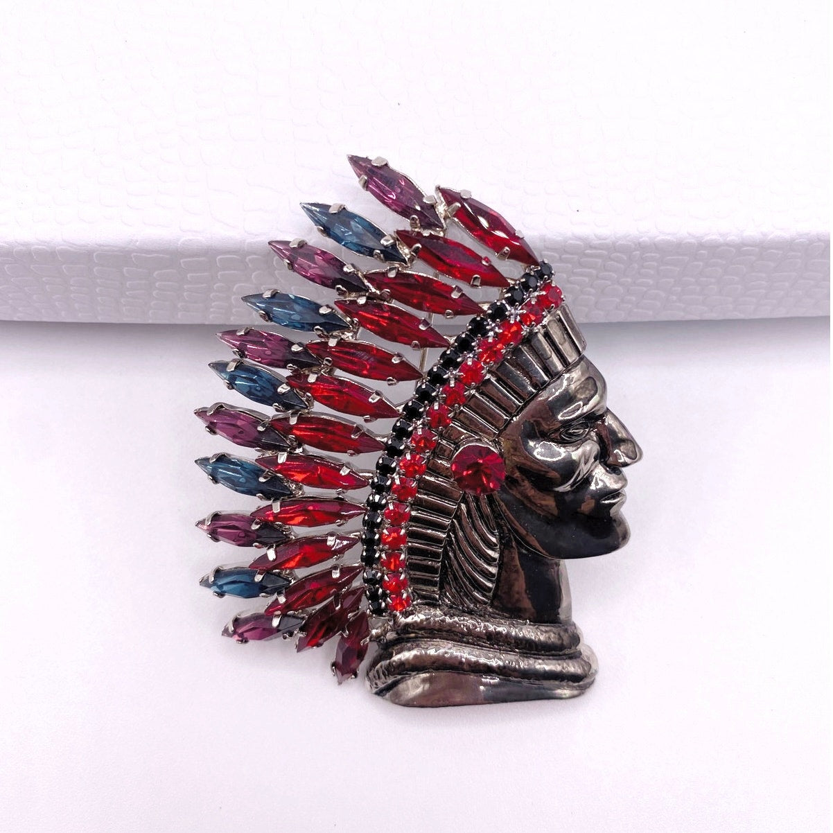 Vntg Indian Head Chief Gunmetal Red Blue Purple Rhinestones headdress brooch